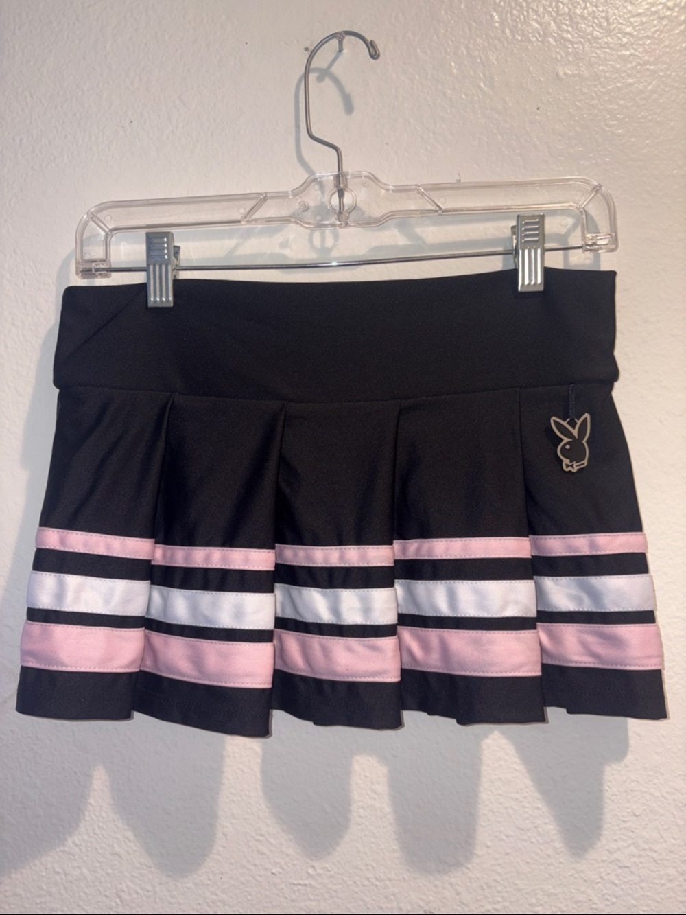 PLAYBOY Black Pleated Mini Skirt with Pink & White Stripe Bands
